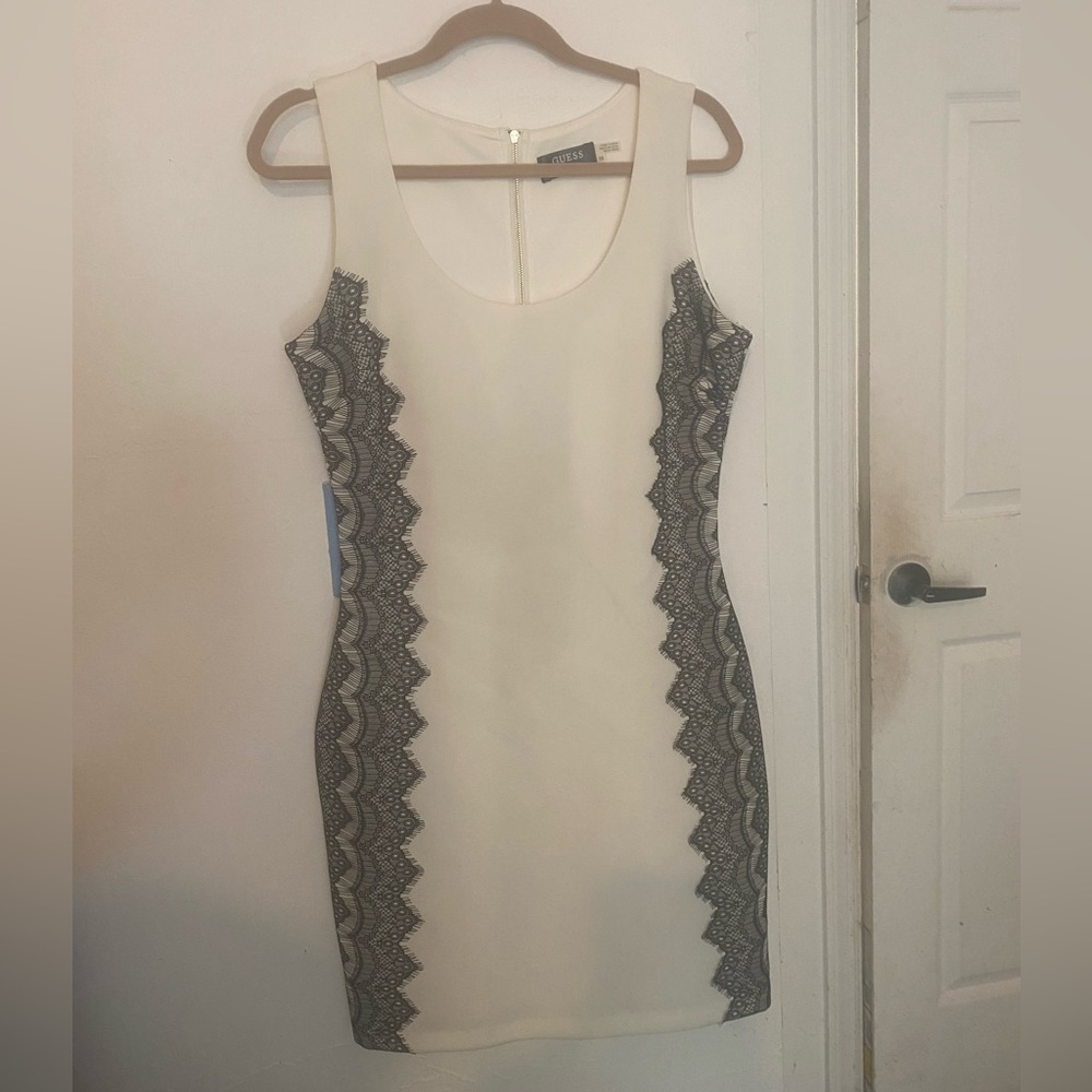 Guess Bodycon Dress, White with Black Lace